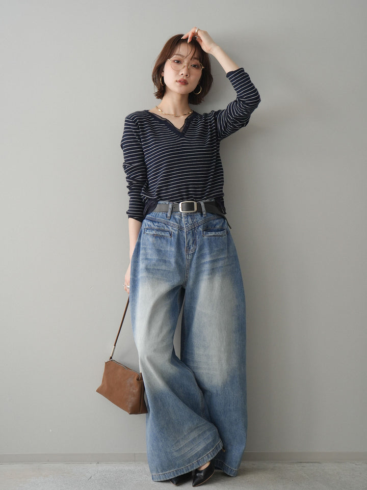 [SET]チュールレイヤードデザインボーダーニットトップス+フロントポケットサイドタックワイドデニム(2set)