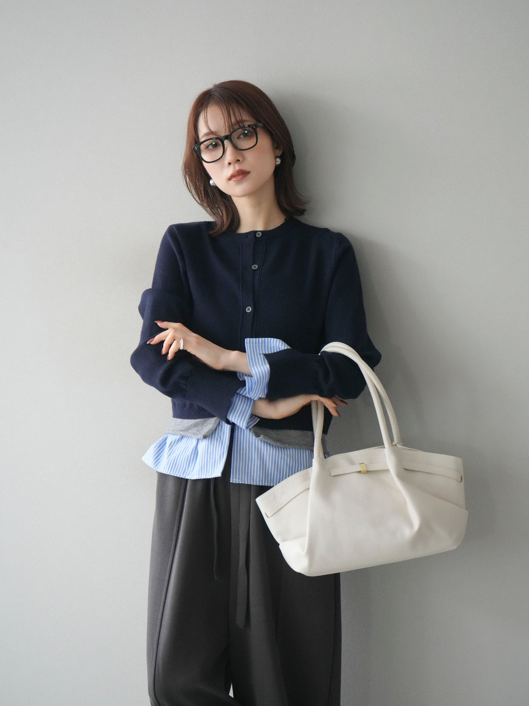 [予約]シャツ襟レイヤードニットカーディガン/navy