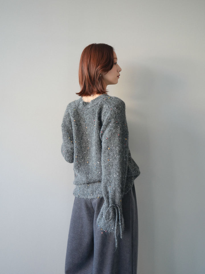 [SET]キャンディースリーブカラーネップスパンコールニットプルオーバー+ベルトデザインループコールテンワイドパンツ(ベルト付き)(2set)