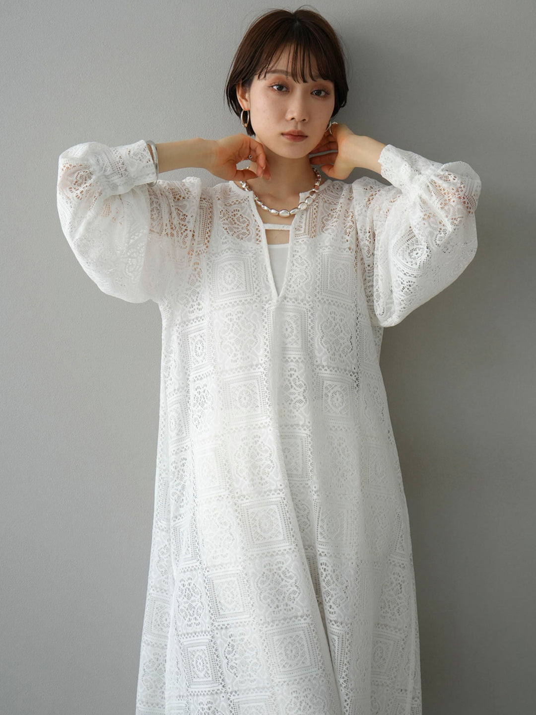 [Pre-order] Block Lace Volume Sleeve Dress/White