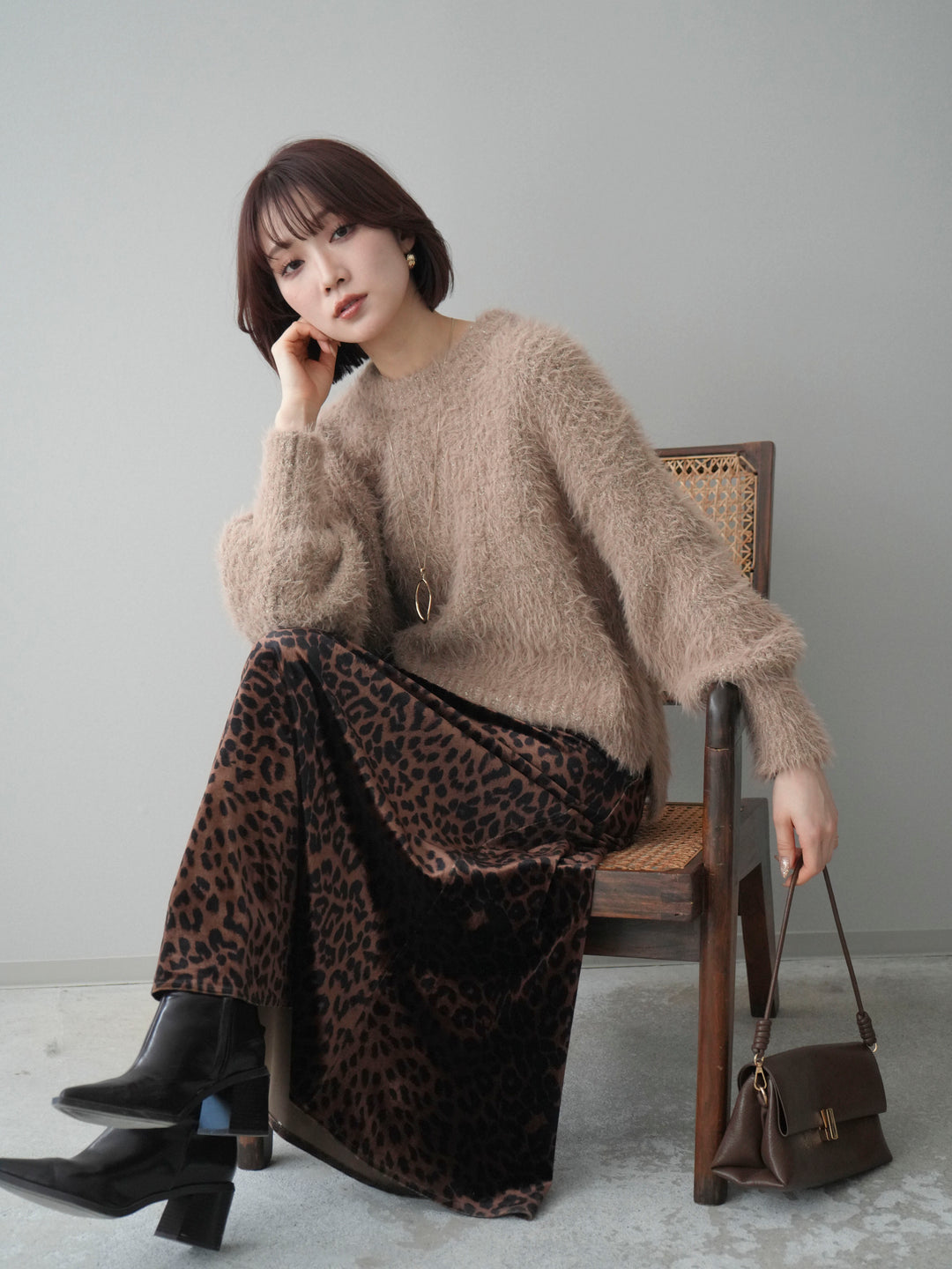 [予約]ボリュームスリーブシャギー MIXニットプルオーバー/brown