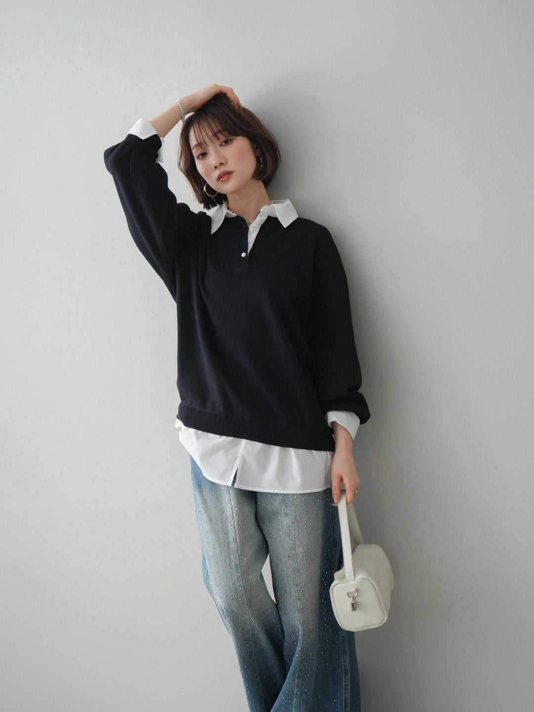[予約]シャツドッキングオーバーニットプルオーバー/blackoff