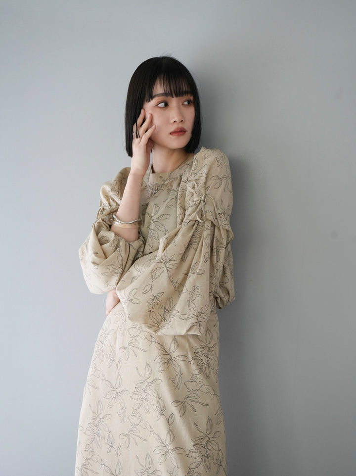 [SET] Pen-touch flower print blouse + Pen-touch flower print I-line skirt (2set)