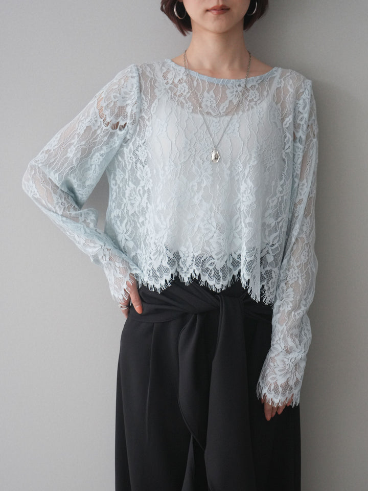 [SET]2WAYスリーブレーストップス+ラッフルベルトワイドパンツ(2set)