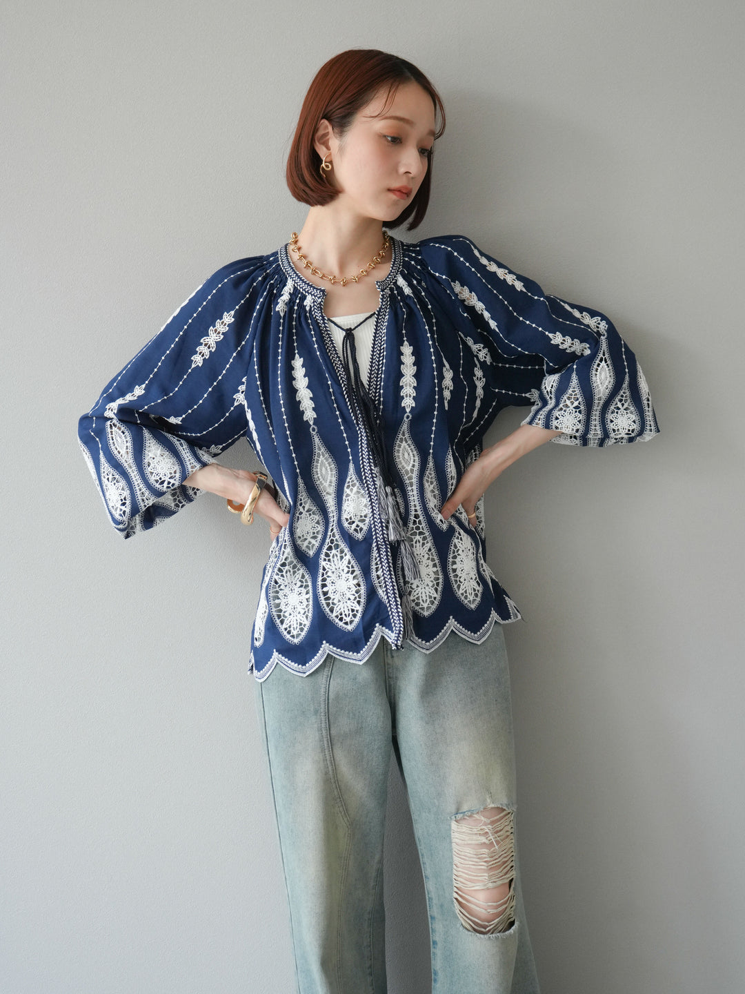 [預訂] 刺繡設計襯衫/海軍藍