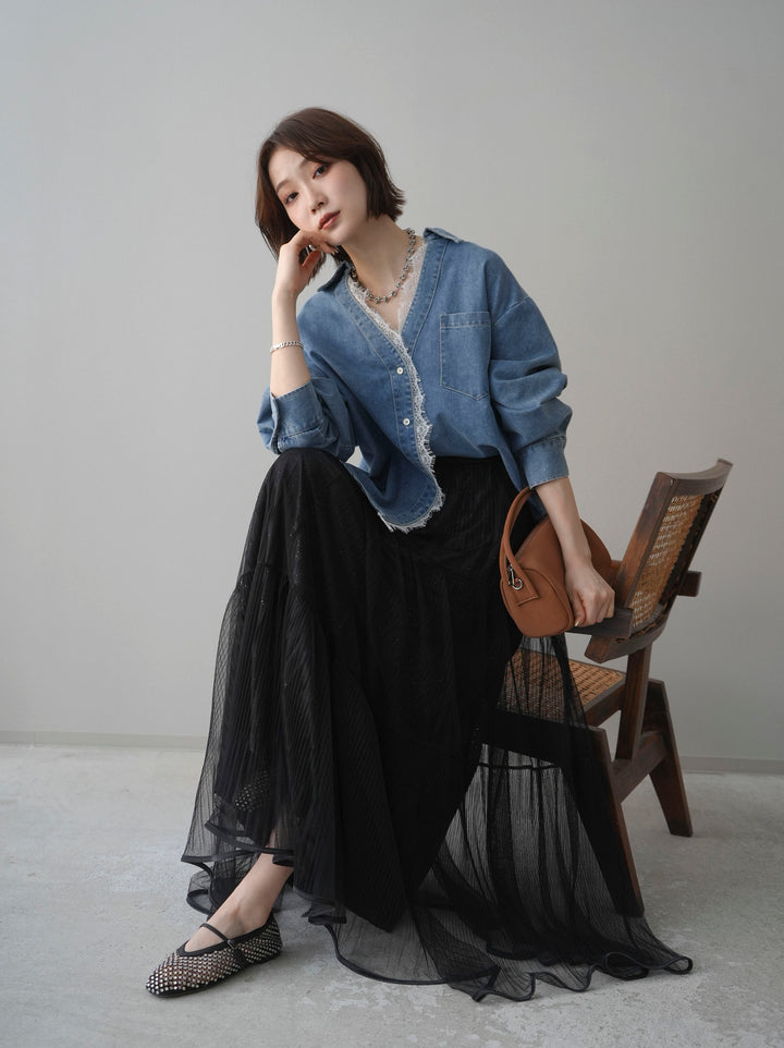 [SET]レースレイヤードデニム開襟シャツ+選べるアクセセット(2set)
