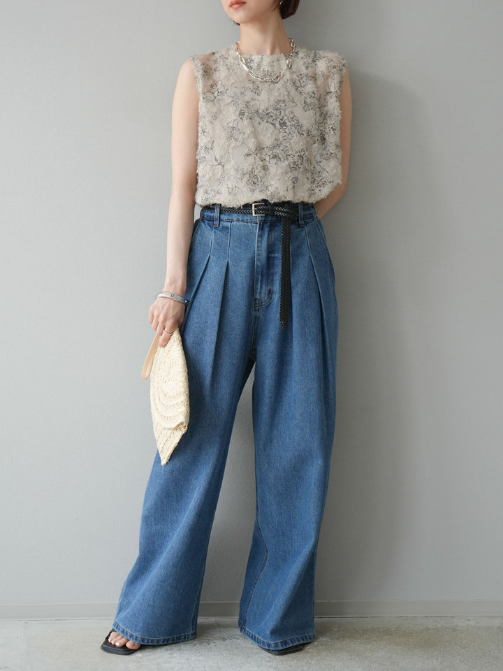 【預購】雙褶寬牛仔褲/藍色