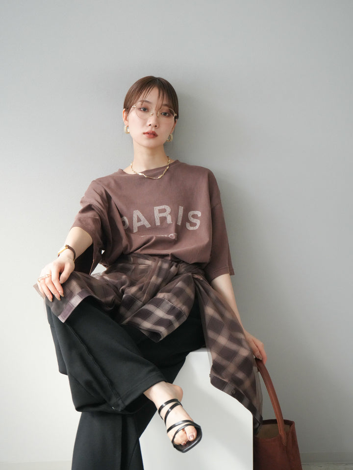 [SET]ピグメントロゴプリントTシャツ+2WAYデザインスウェットパンツ+チュールドッキングチェック柄オーバーサイズシャツ(3set)