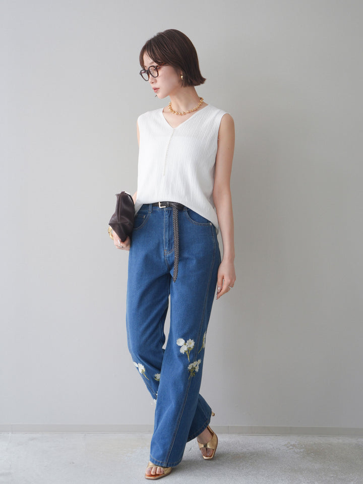 [SET]パールデザインVネックニットトップス+フラワー刺繍ストレートデニム(2set)