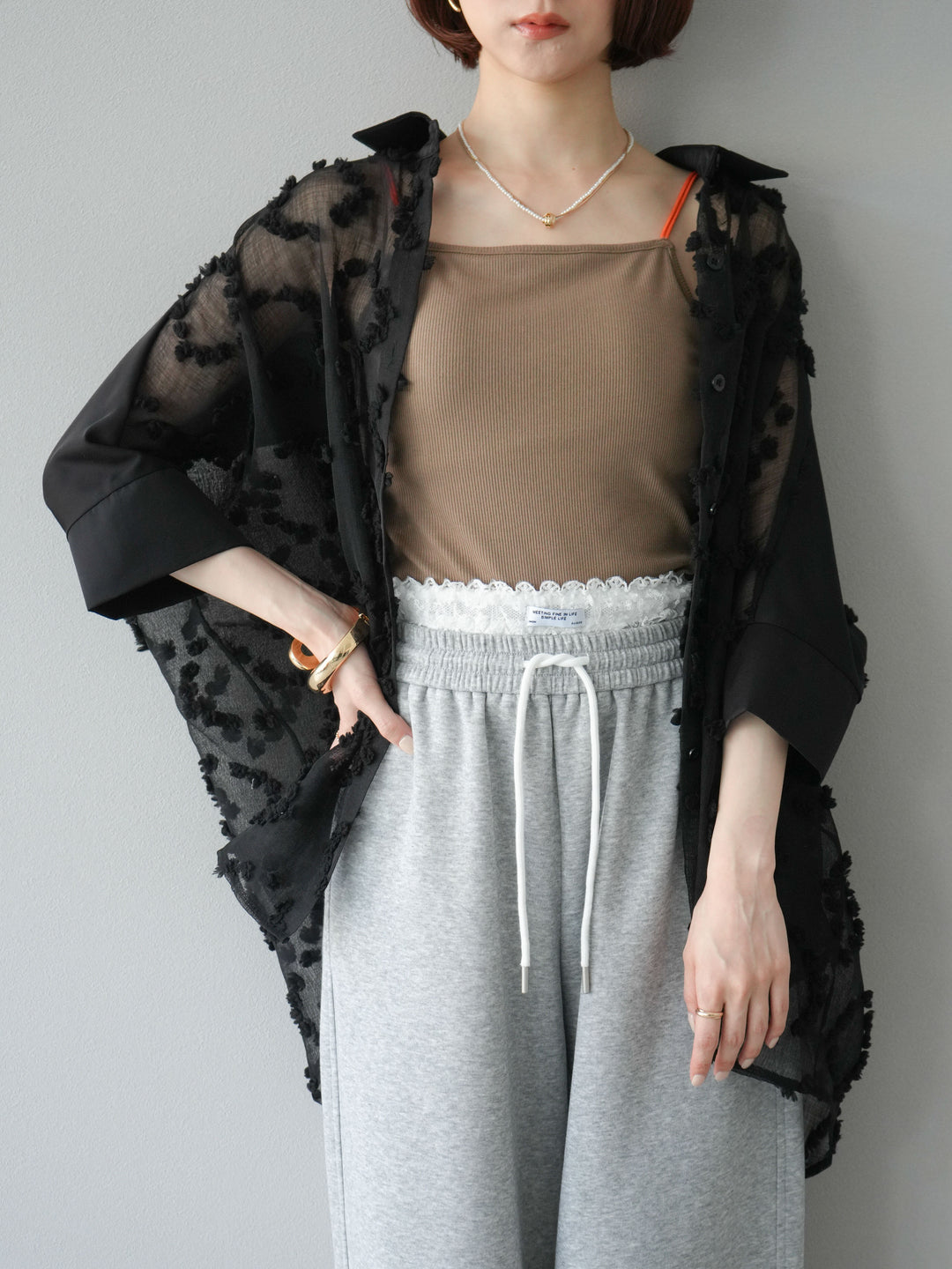 [預購] 混合材質透視半身襯衫/黑色