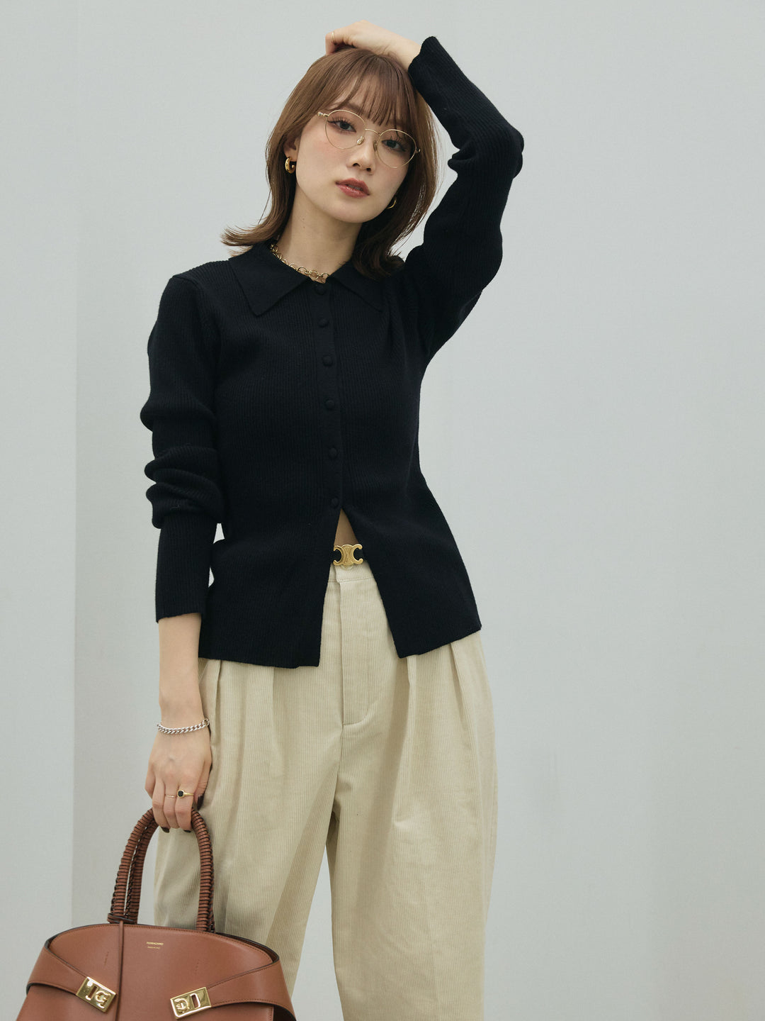 【Allure】[SET]くるみボタンポロリブニットトップス+コーデュロイタックワイドパンツ(2set)