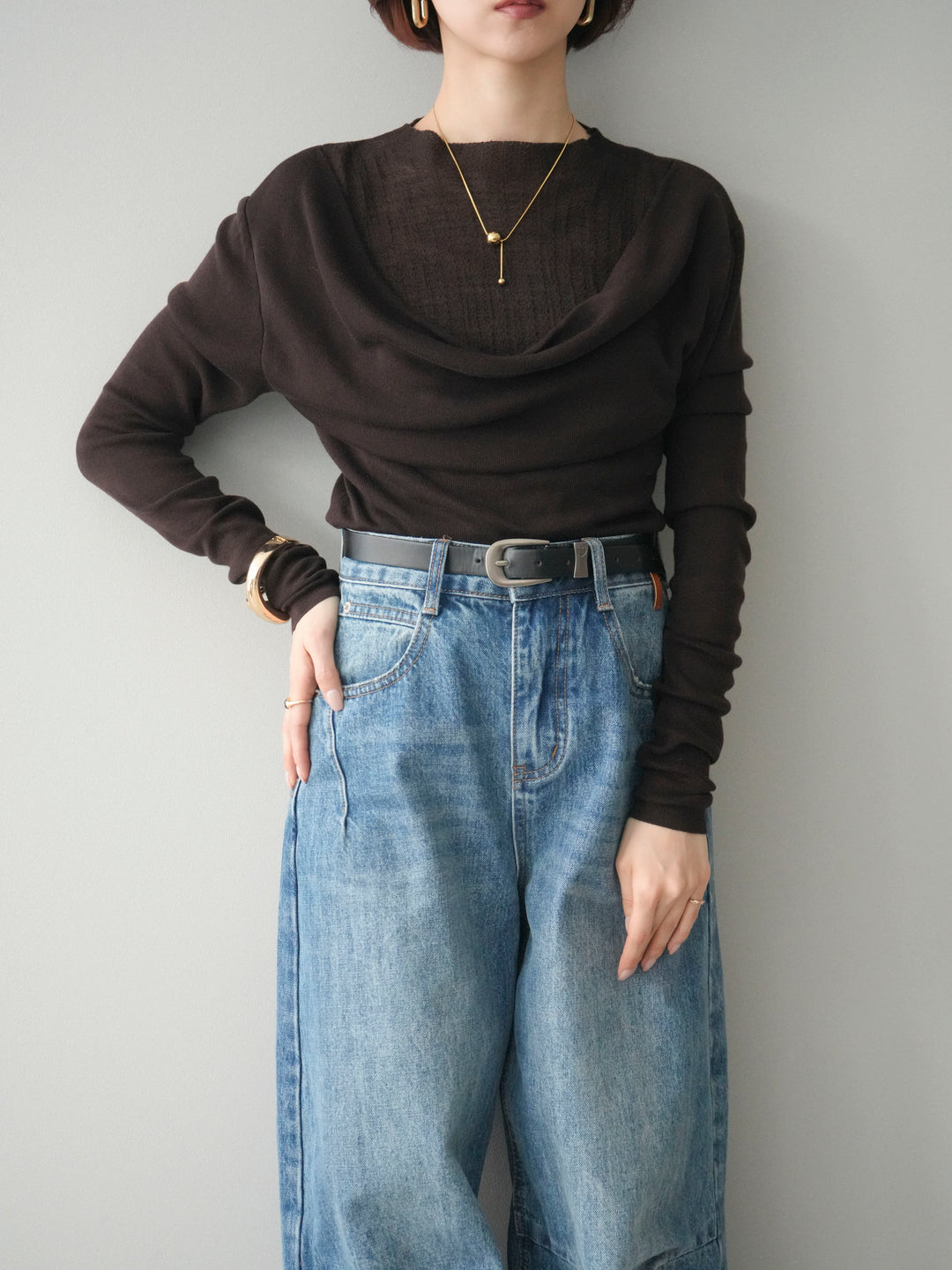 [予約]ボトルネックドレープレイヤードニットトップス/brown