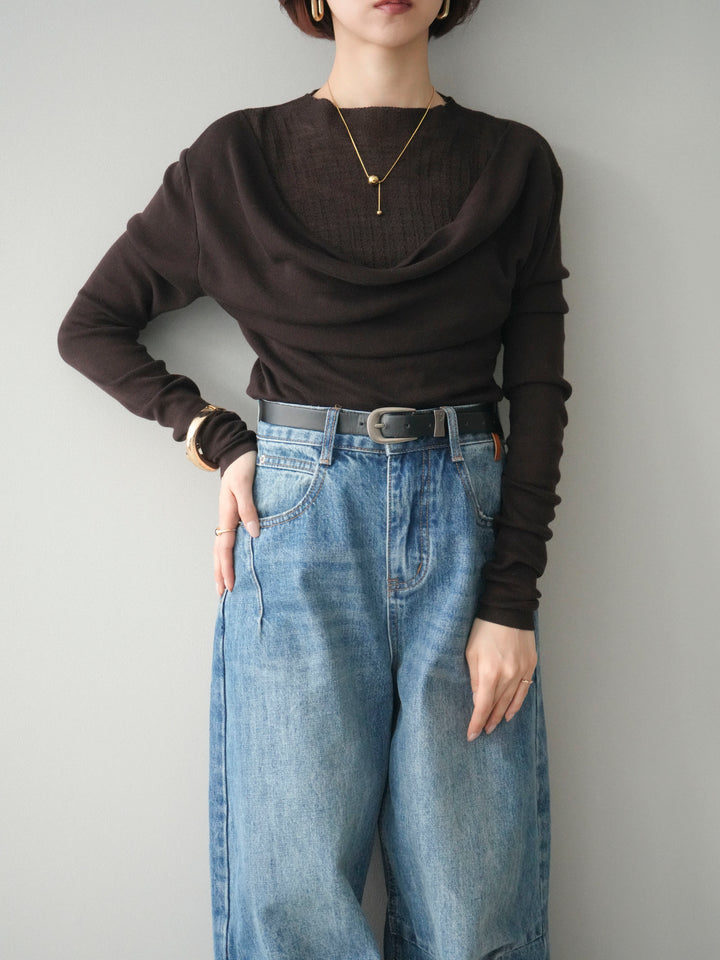 [予約]ボトルネックドレープレイヤードニットトップス/brown