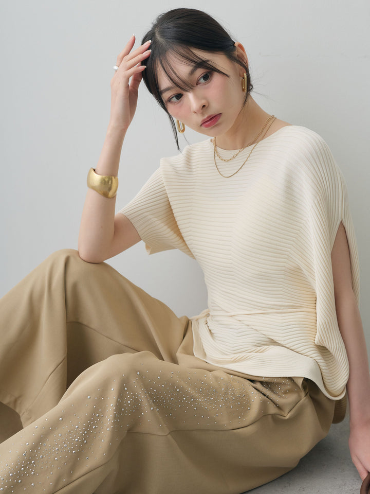 [SET]アシメデザインリブニットトップス+ポーチベルト付サイドビジュータックワイドパンツ(2set)
