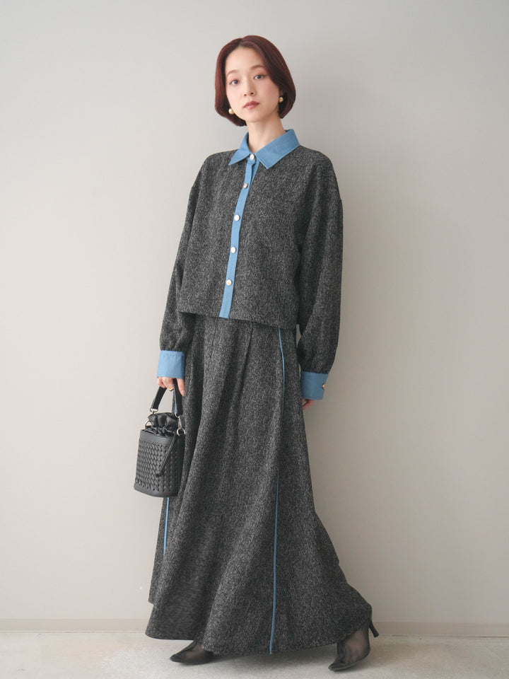 [予約]異素材サマーツイードタックフレアスカート/black