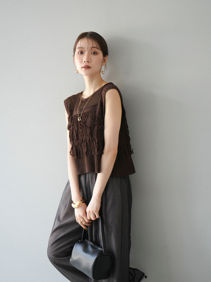[SET]透かし編みフリンジニットトップス+コード刺繍チュールレイヤードパンツ(2set)