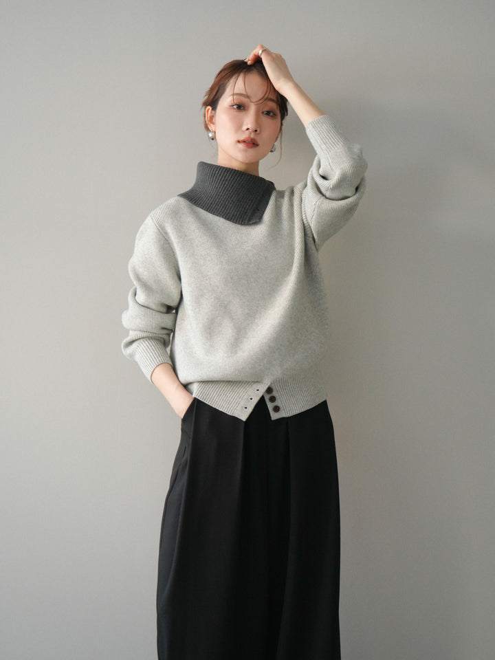 [予約]デザインネックバイカラーニットプルオーバー/gray