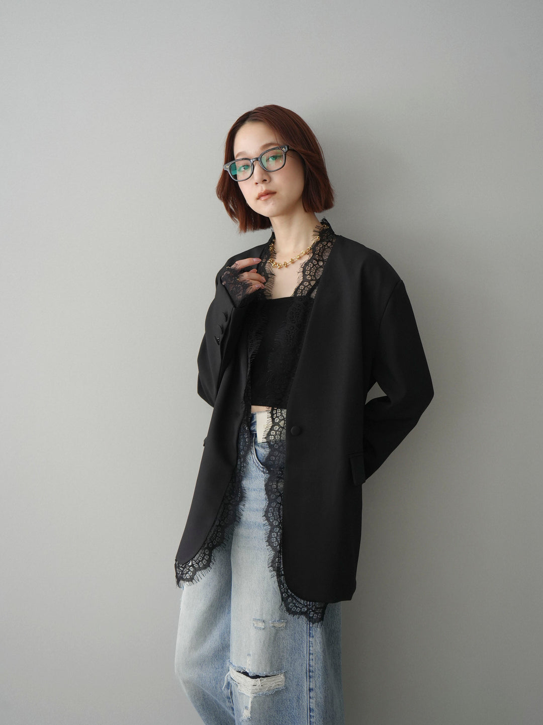 [SET]ノーカラーレースジャケット+カップ付テレコリブベアキャミソール+ダメージデニムセミワイドパンツ(3set)