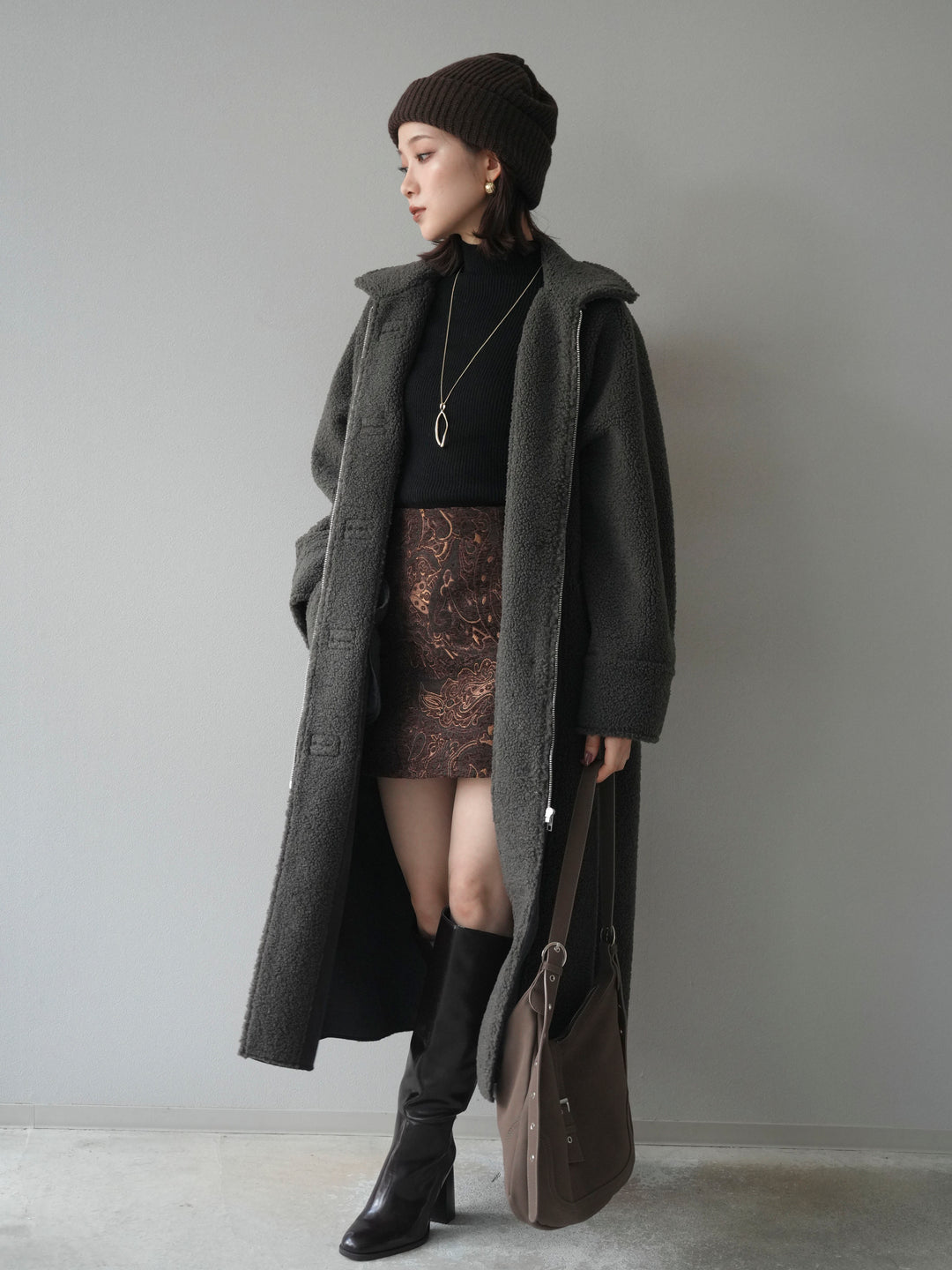 [予約]ボアxムートンロングコート/charcoal