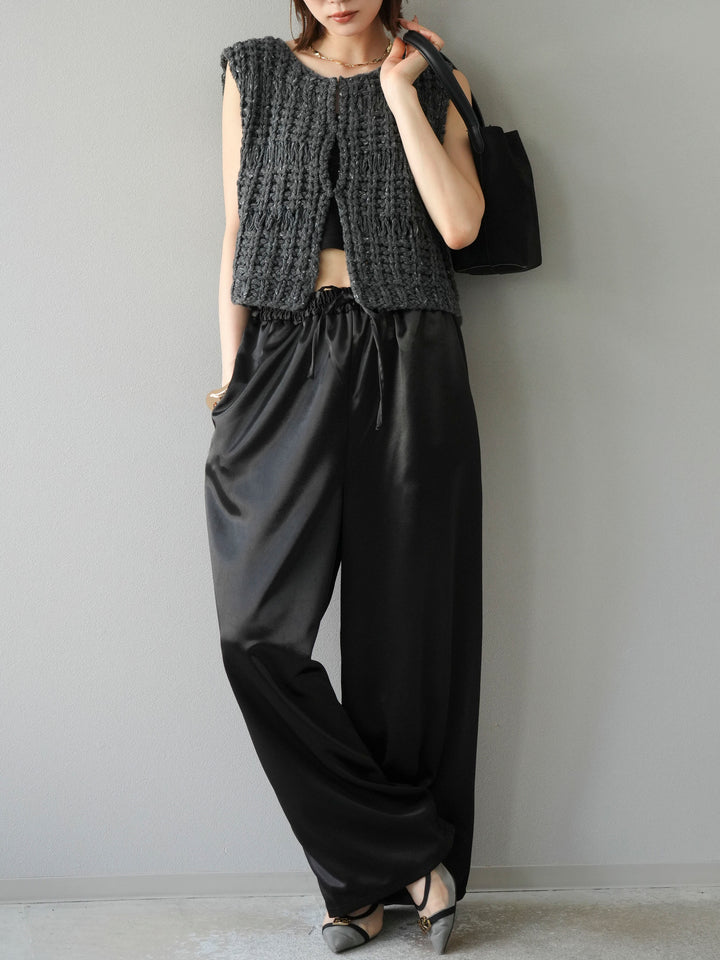 [予約]サテンラインワイドパンツ/ブラック
