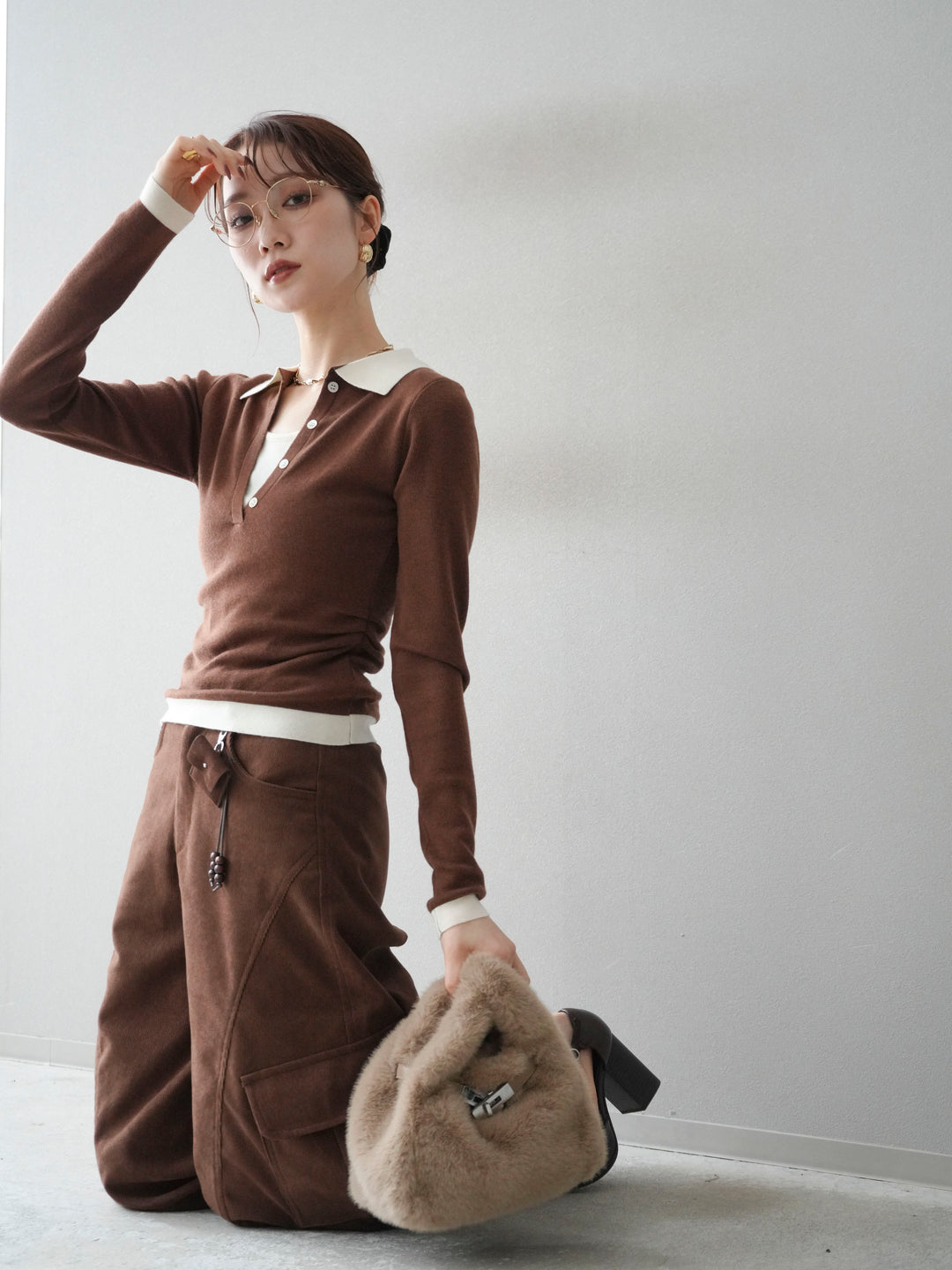 [予約]レイヤード配色ポロニットトップス/brown