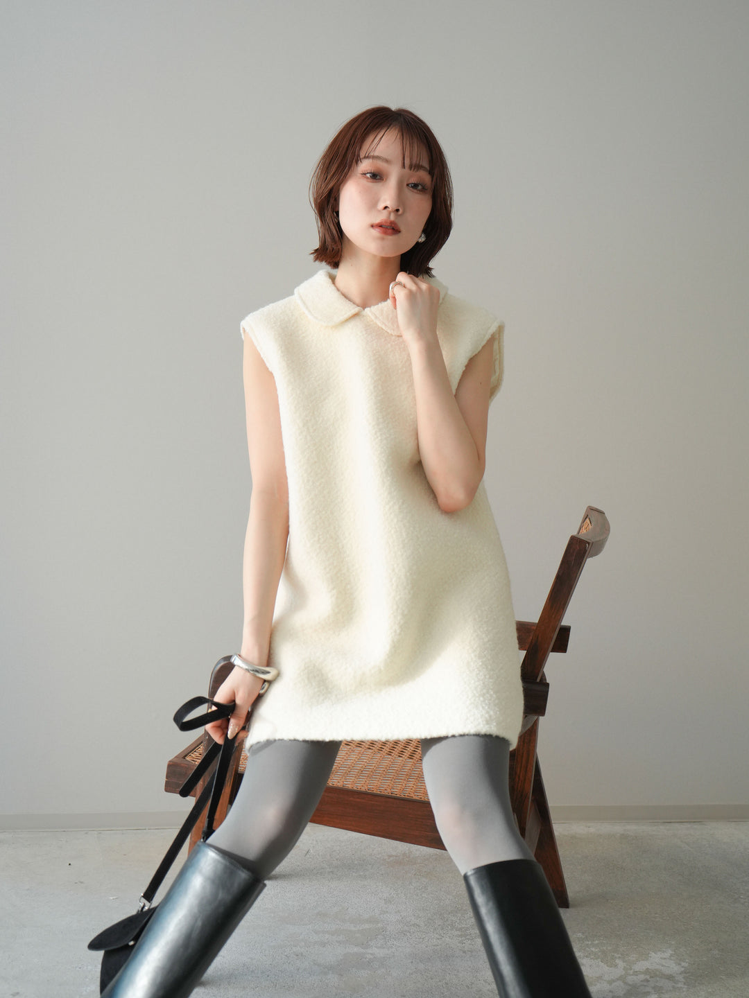 [予約]襟付きブークレミニワンピース/offwhite