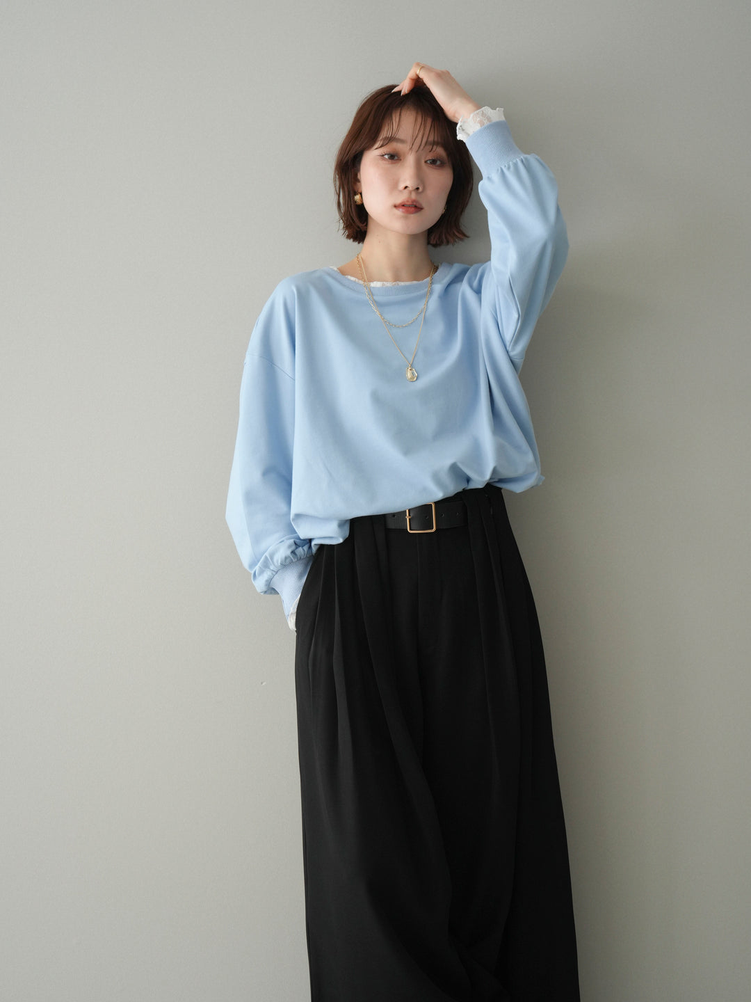 [予約]袖レースカットバルーンプルオーバー/sax