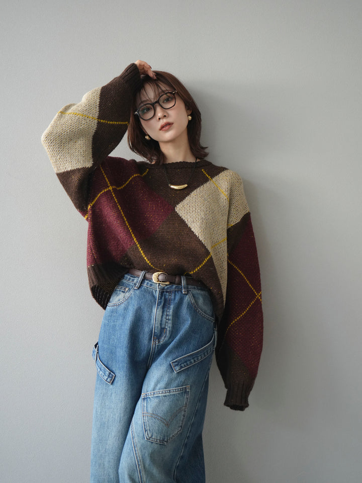 [予約]配色ステッチアーガイル柄ニットプルオーバー/brown