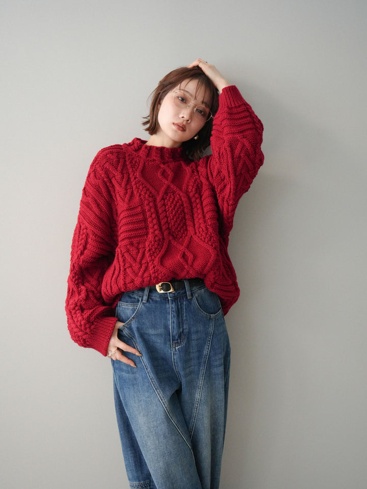 [予約]ケーブル編みモックネックニットプルオーバー/red