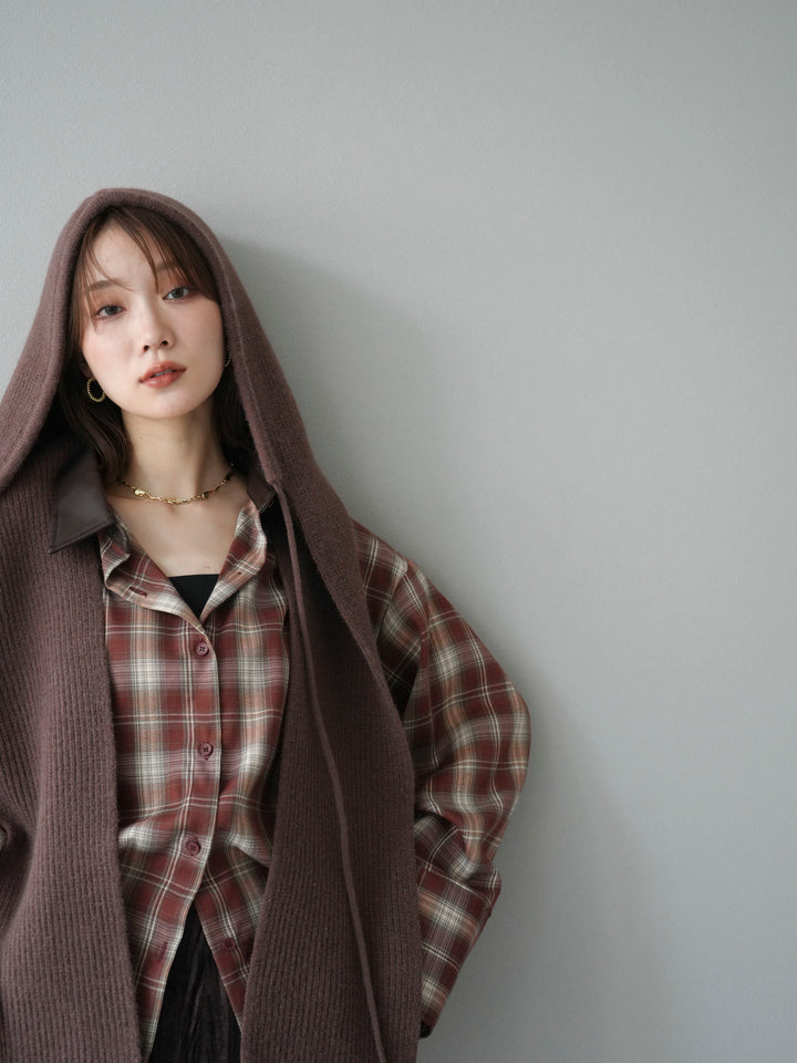 [予約]レザー襟オンブレチェックオーバーシャツ /レッド