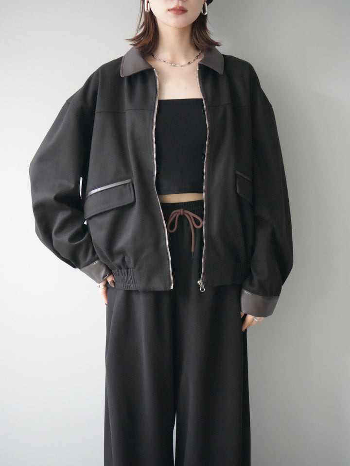 [予約]レザー襟配色パイピングブルゾン/black