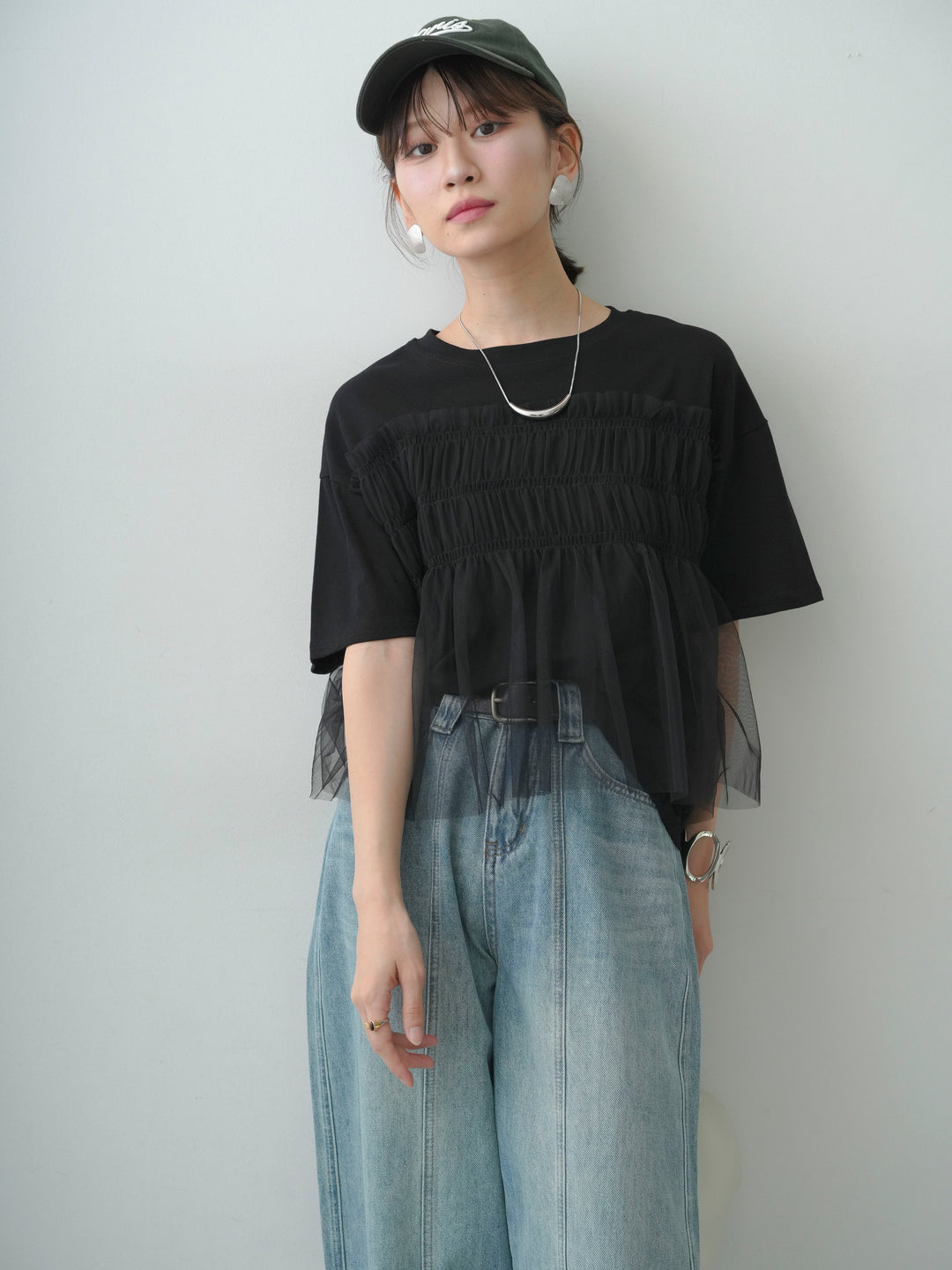 [SET]ギャザーチュールドッキングTEE+センターラインカーブクロップデニム(2set)
