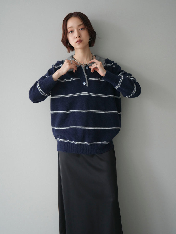 [予約]バイカラーボーダーポロニットプルオーバー/navy