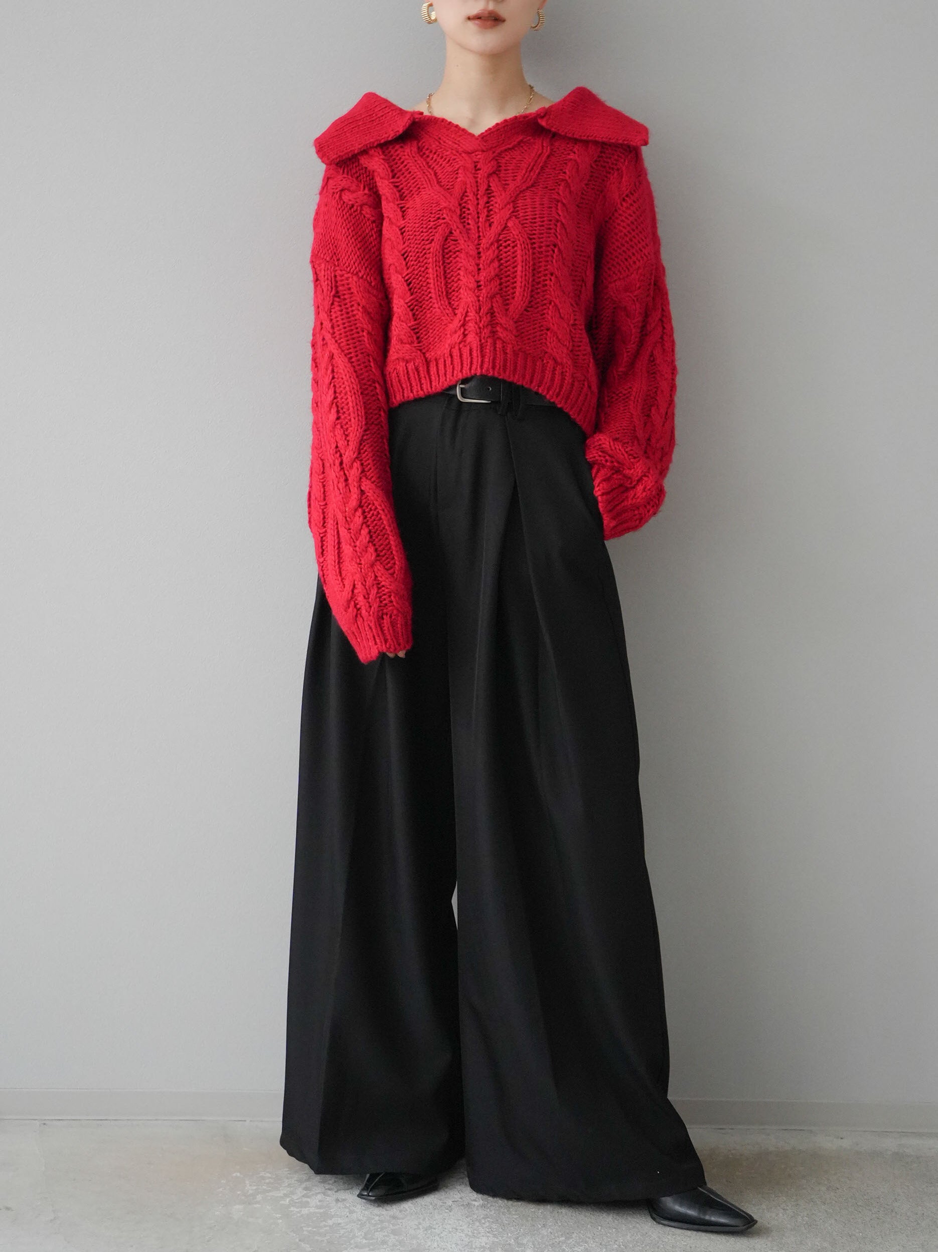 予約]ロービングケーブル開襟ニットプルオーバー/レッド – Lumier