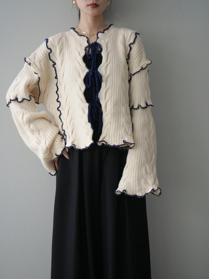 [SET]フロントリボン配色メローニットカーディガン+フロントリボン配色メローニットカーディガン(2set)