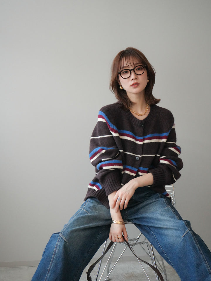 [予約]ランダムボーダーニットカーディガン/brown