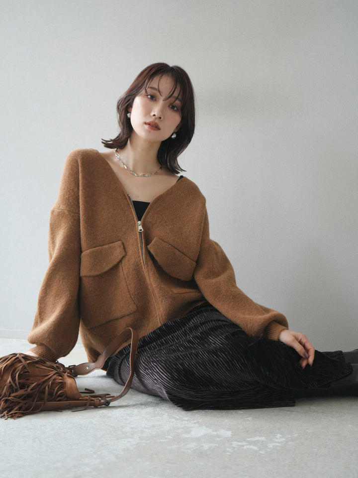 [預訂] 大口袋拉鍊針織開襟衫/駝色