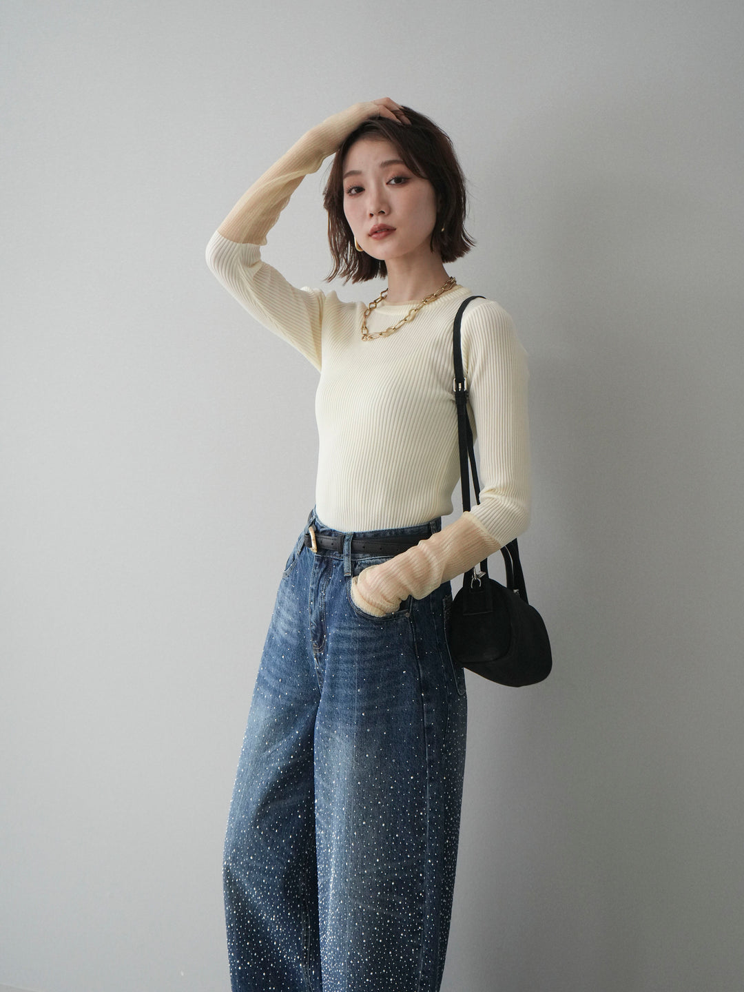 [SET]リブラメシアー切替リブニットトップス+ラインストーンカーブデニムパンツ(2set)