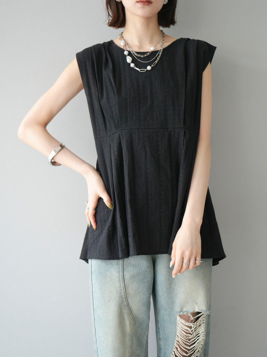 [予約]ドビーストライプタックブラウス/ブラック
