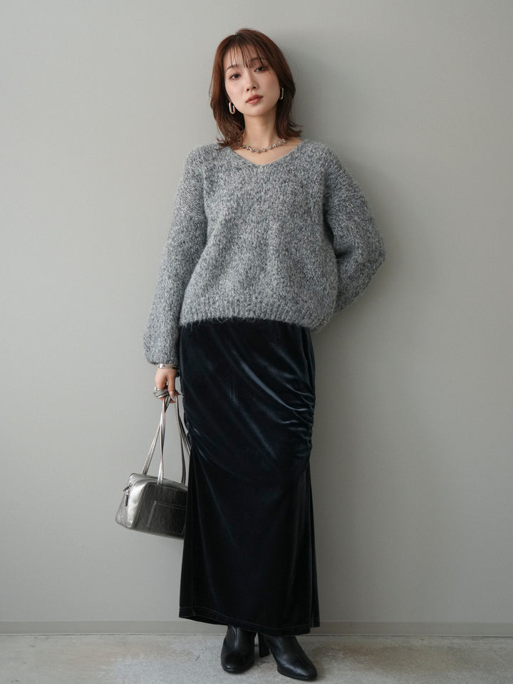 [SET]Vネックミックスヤーンニットプルオーバー+ギャザーベロアスカート(2set)