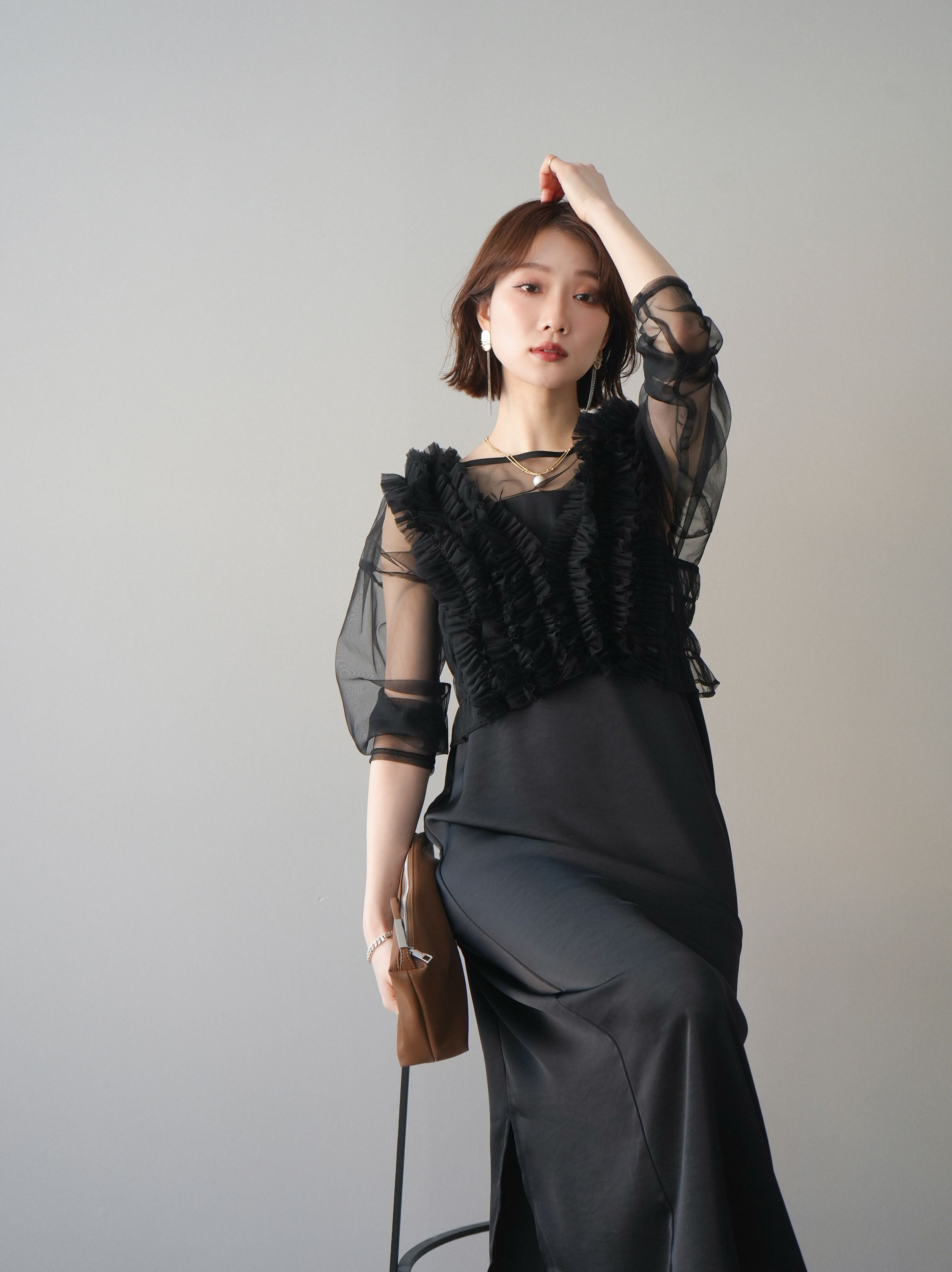 予約]チュールフリルアンサンブルキャミソールドレス 3点SET/black