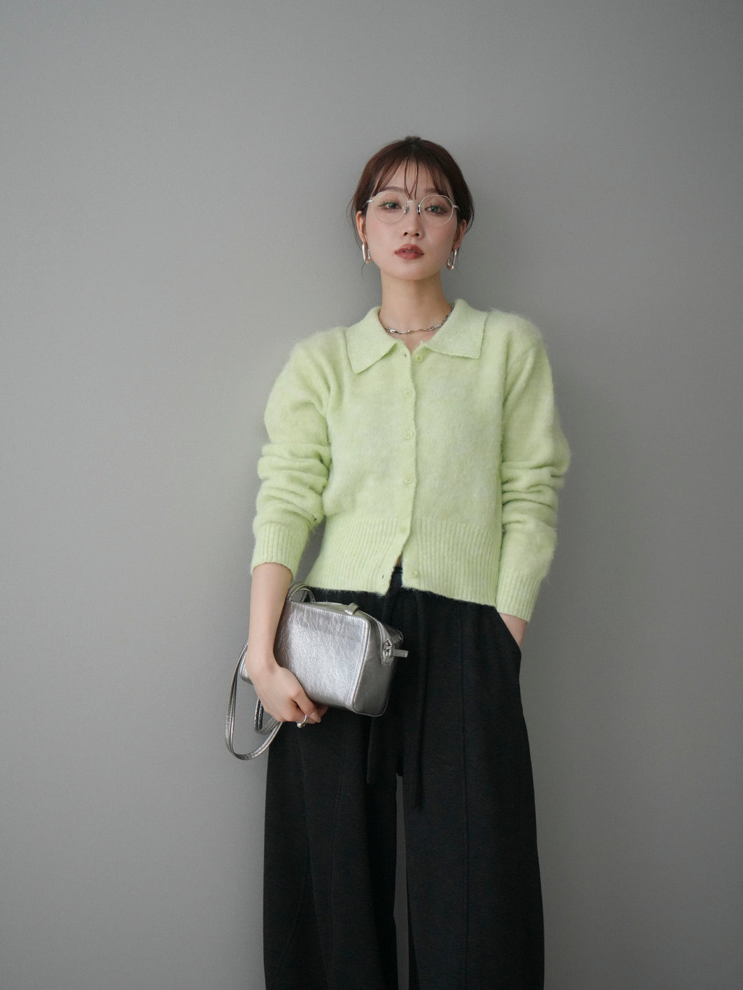 [予約]モヘア衿付きボタンプルオーバー/lime