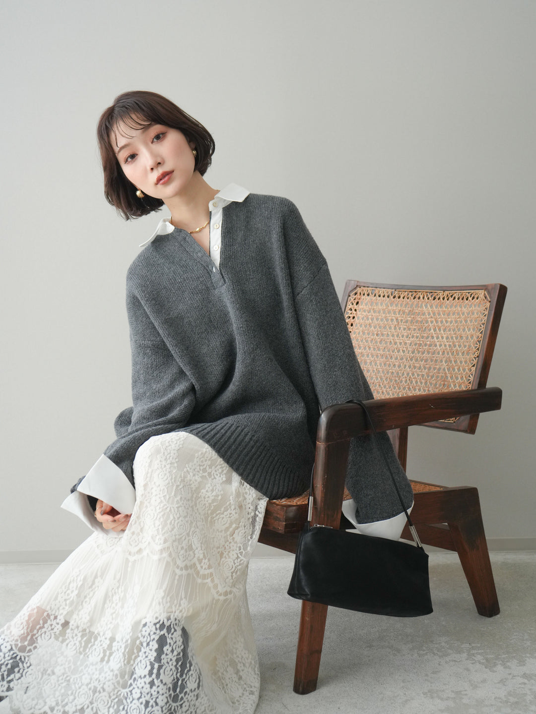 [予約]シャツドッキングオーバーニットプルオーバー/charcoaloff