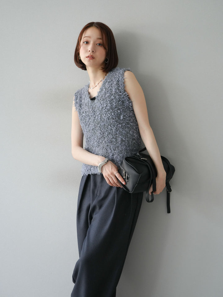 [予約]テープヤーンフリンジニットベスト/グレー