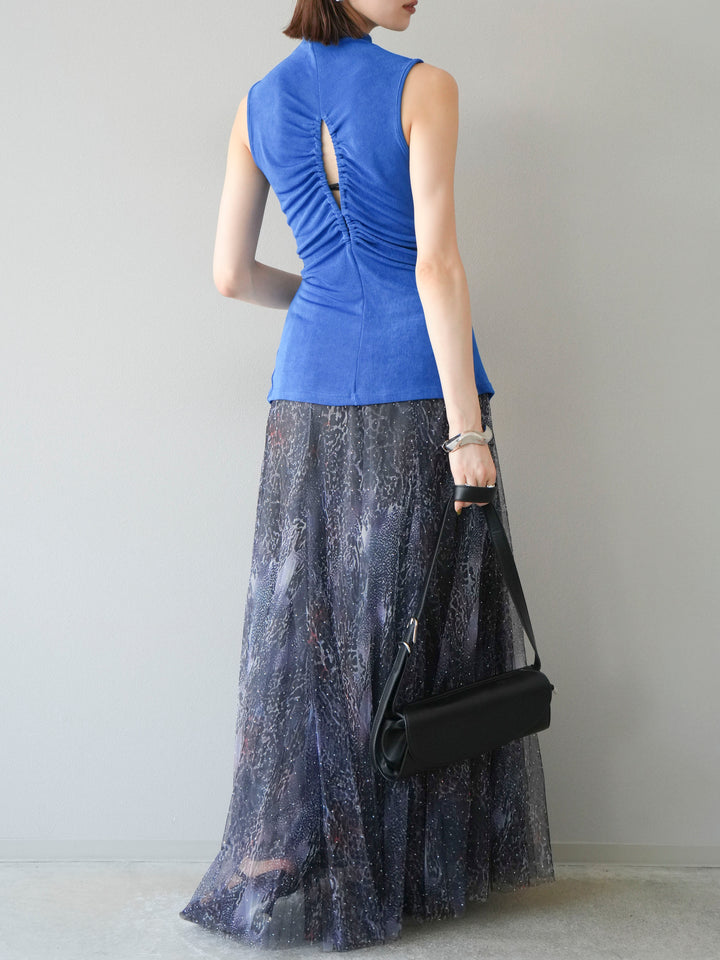 [予約]ニュアンス柄チュールレイヤードプリーツスカート/ネイビー