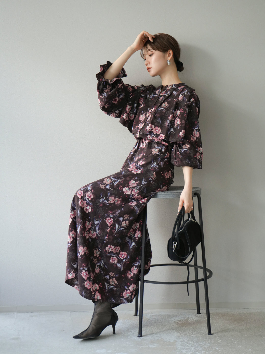 [予約]フラワーフリルブラウス/ブラウン