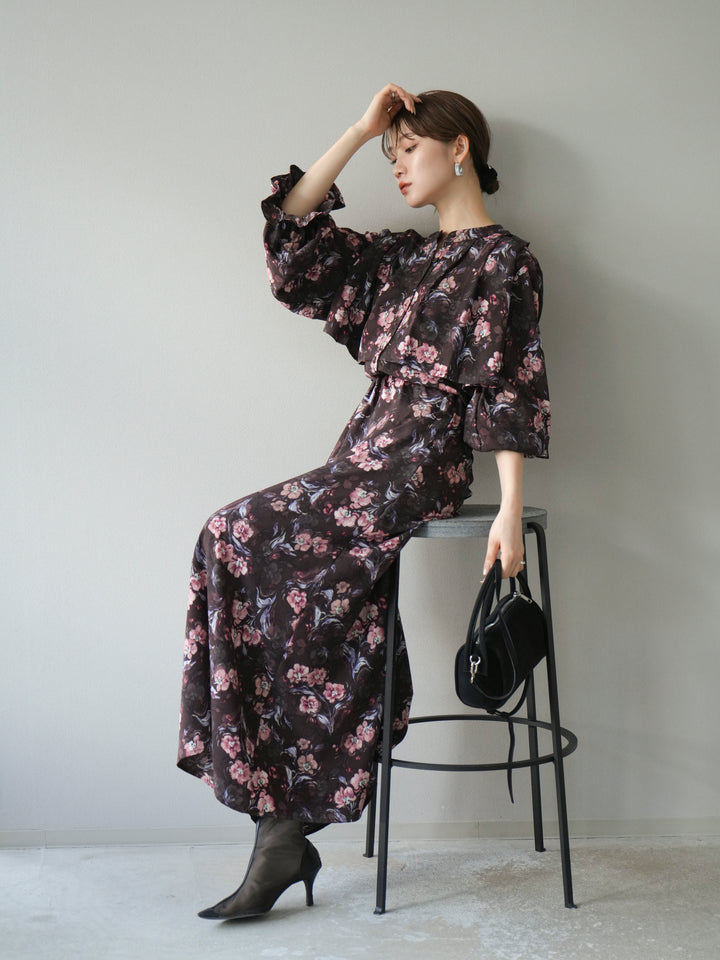 [予約]フラワーフリルブラウス/ブラウン