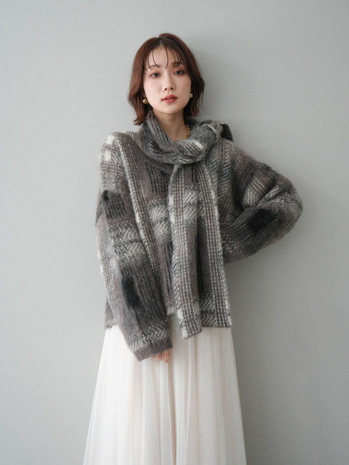 [SET]ストール付シャギーチェックニットプルオーバー+選べるアクセセット(2set)