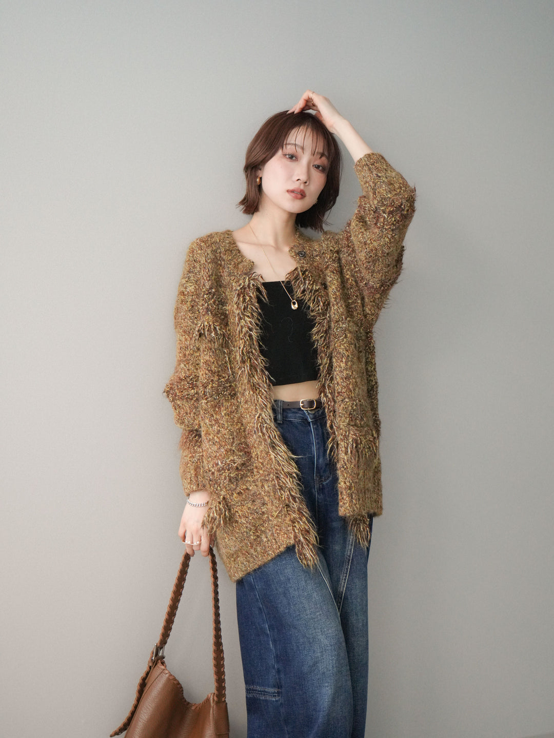 [SET]ミックスヤーンフリンジデザインニットジャケット+裏起毛加工デニムカーブパンツ(2set)