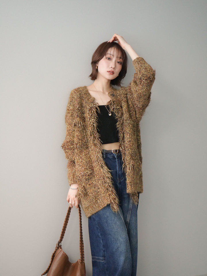 [SET]ミックスヤーンフリンジデザインニットジャケット+裏起毛加工デニムカーブパンツ(2set)